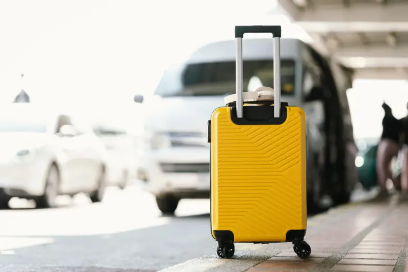 suitcase sitting at an airport pick-up area